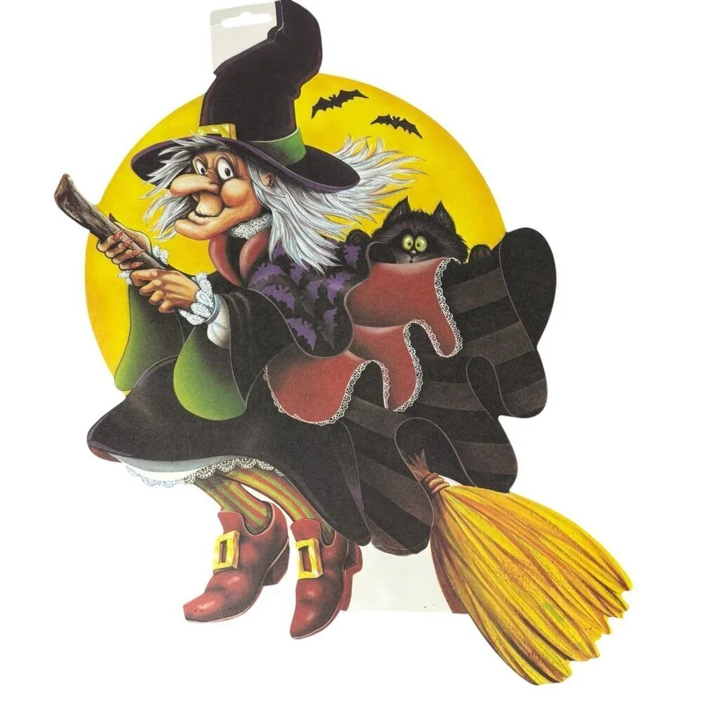 Vintage Beistle Halloween 1983 Die cut Witch Broom Full Moon Bat Cat Decoration